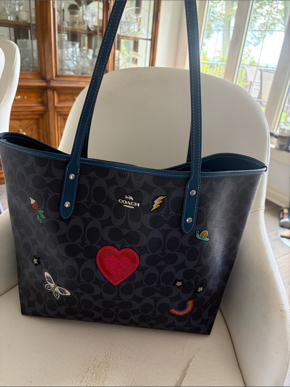 Coach Navy Signature Tote with Colorful Patch Details